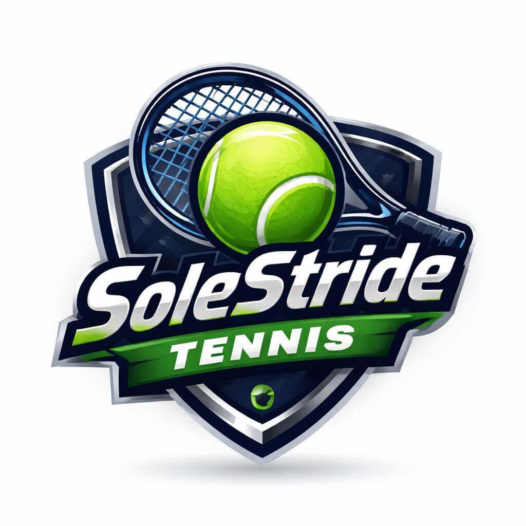 SoleStrideUK logo featuring a tennis racket and ball, representing tennis training equipment and padel rackets.