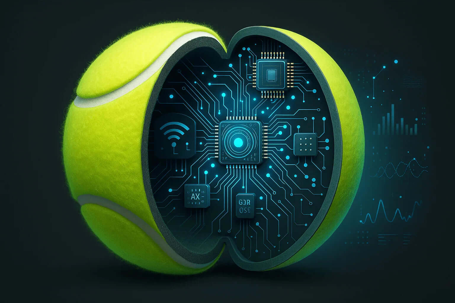 Smart tennis ball with technology illustration, representing Smart Tennis Balls Training to Smash Your Limits.