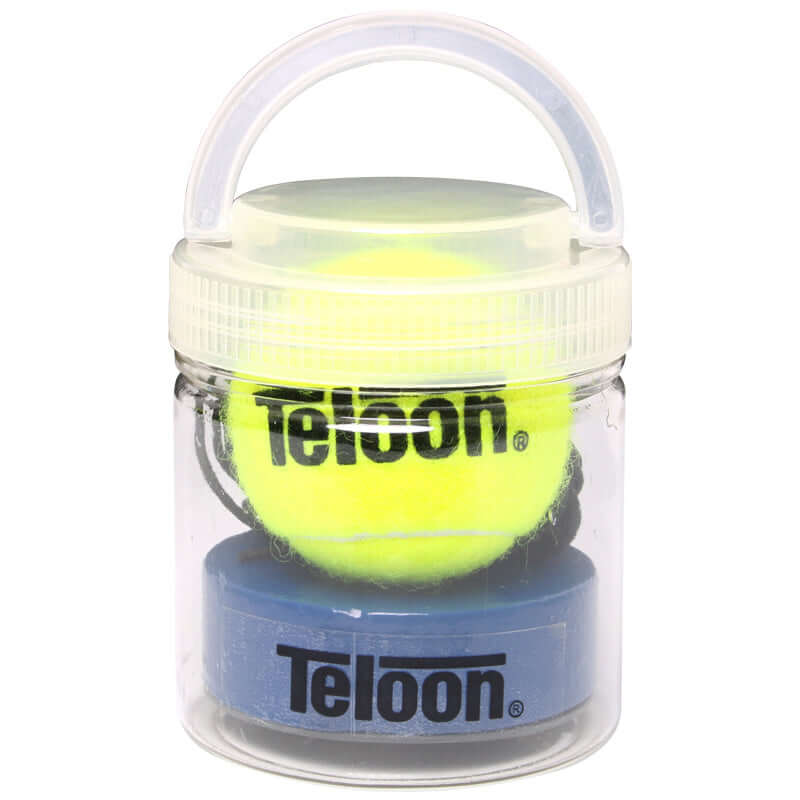 Tennis single training set includes a durable training ball in a clear container with handle.