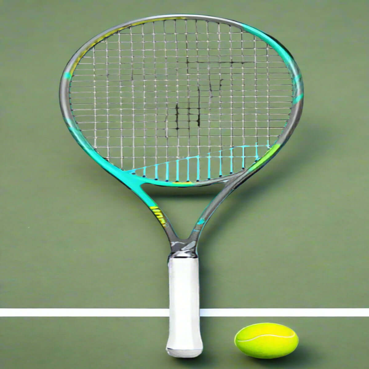 Teloon Tennis racket with a black and white handle on a blue and black background