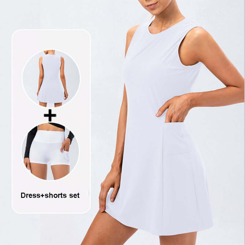 Ladies tennis dress featuring a sleeveless design with pockets, perfect for activewear and workouts.