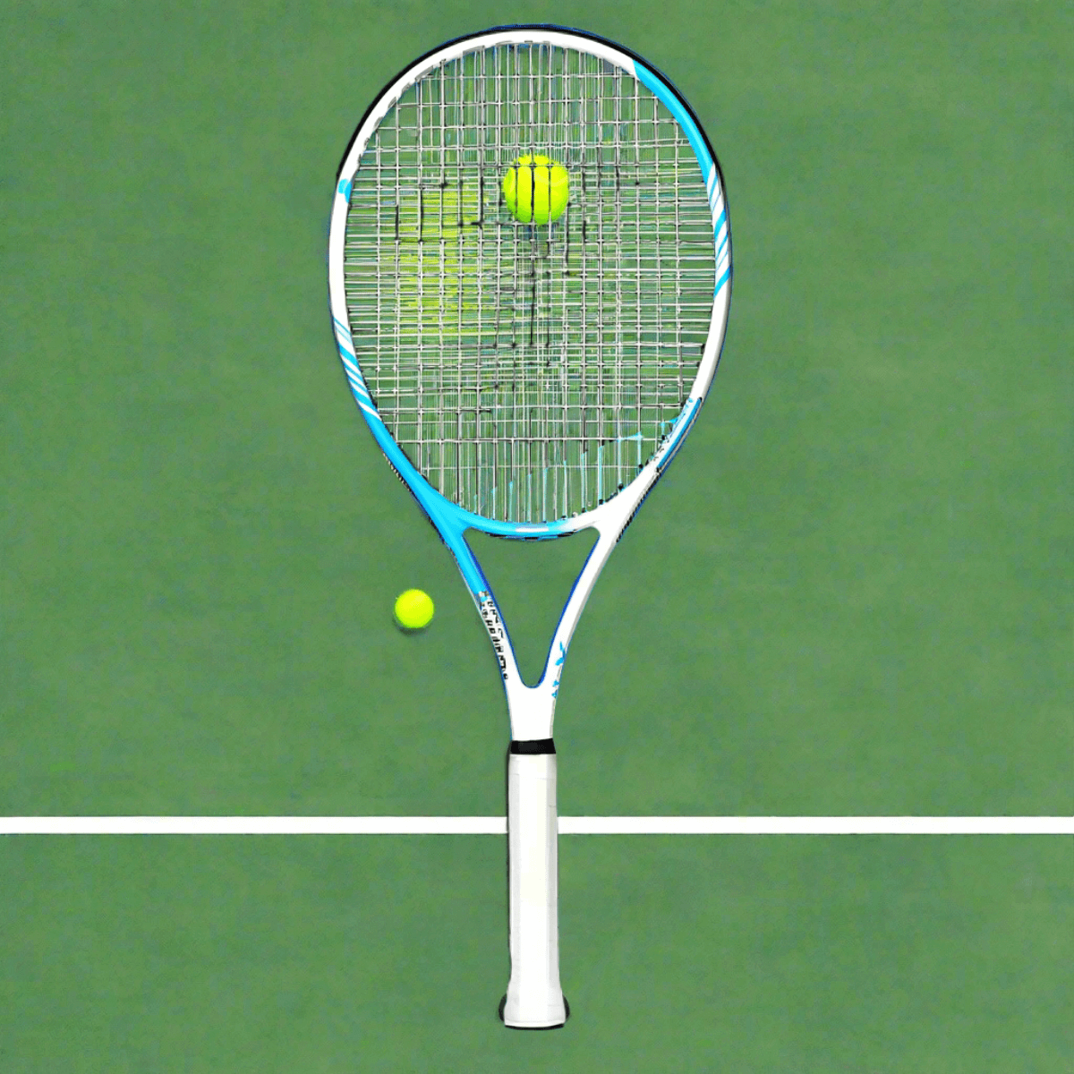 Teloon Tennis Racket with a tennis ball approaching the strings on a green court surface.