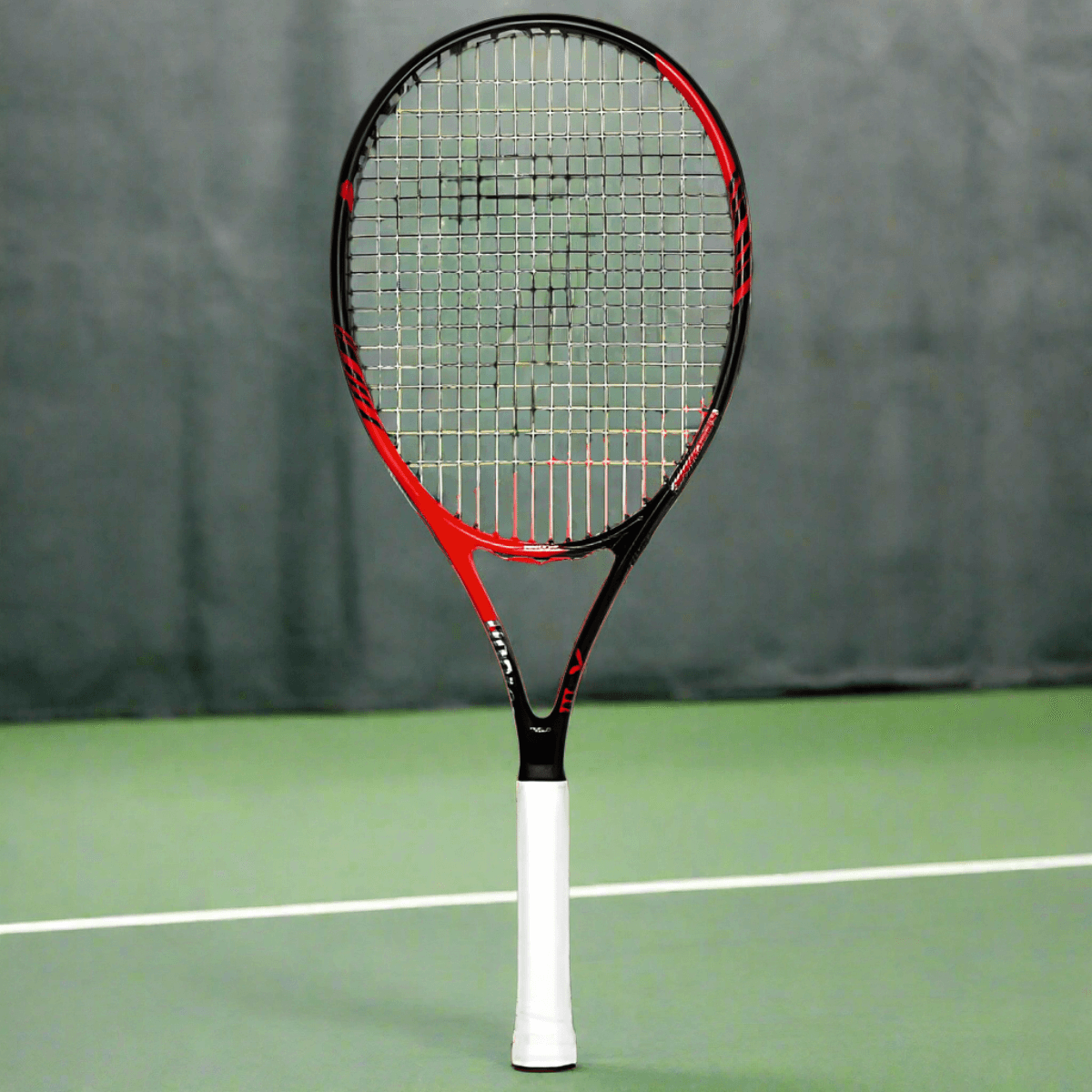 Teloon Tennis Racket displayed on a green tennis court, highlighting its lightweight and ergonomic design.