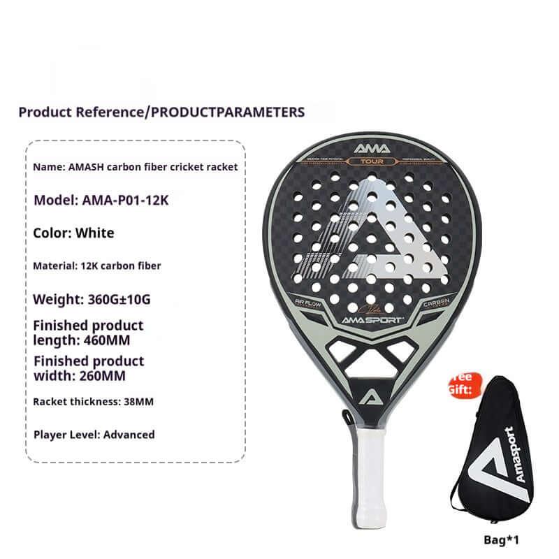 AMA Sports Carbon Fibber Tennis Racket features sleek design, advanced carbon fiber, and comes with a protective bag.
