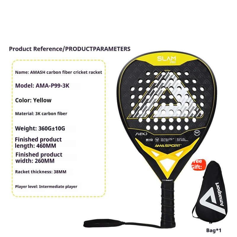 AMA Sports Carbon Fibber Tennis Racket showcasing its yellow design and carbon fiber construction for power and precision.