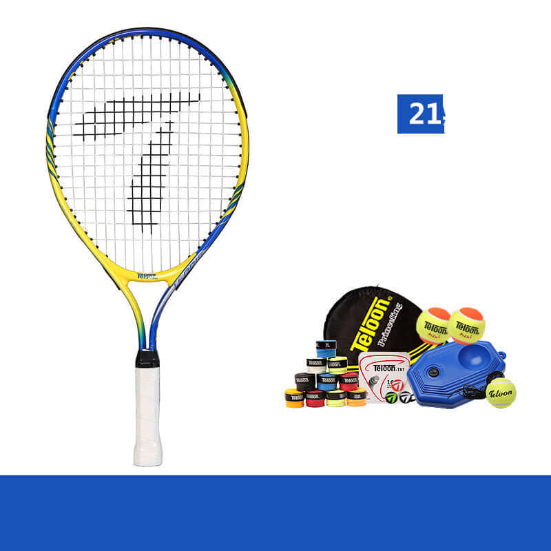 Beginner tennis racket for kids alongside tennis training equipment and balls.