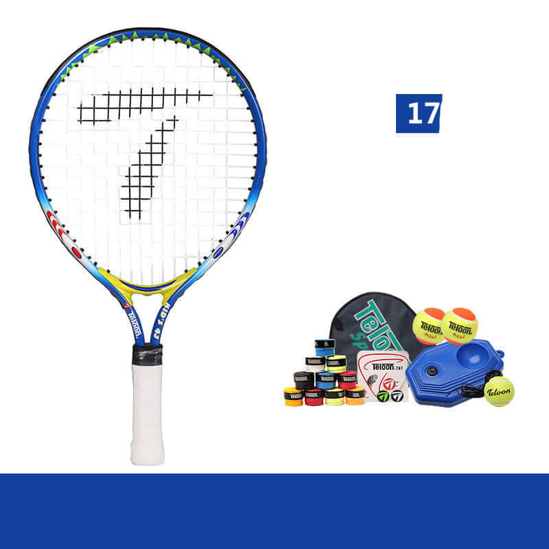 Beginner tennis racket for kids alongside training accessories and colorful tennis balls.