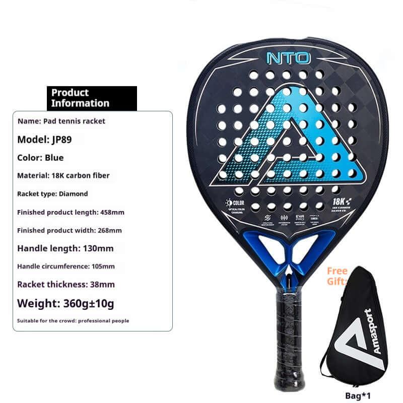 AMA Sports Carbon Fibber Tennis Racket showing product details including model, color, and material.