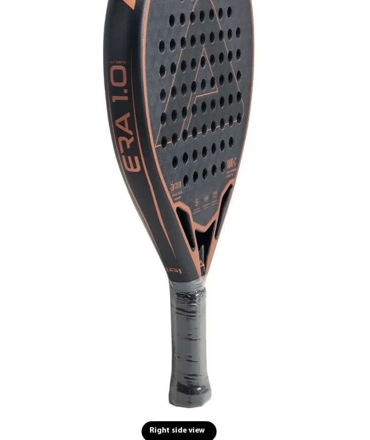 Carbon fibber tennis racket ERA 1.0 side view showcasing its 3D stereo surface and ergonomic handle.