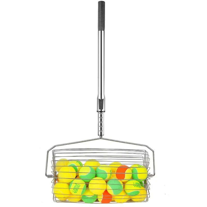 Adjustable tennis ball picker with tennis balls inside, made of stainless steel for easy collection on the court.