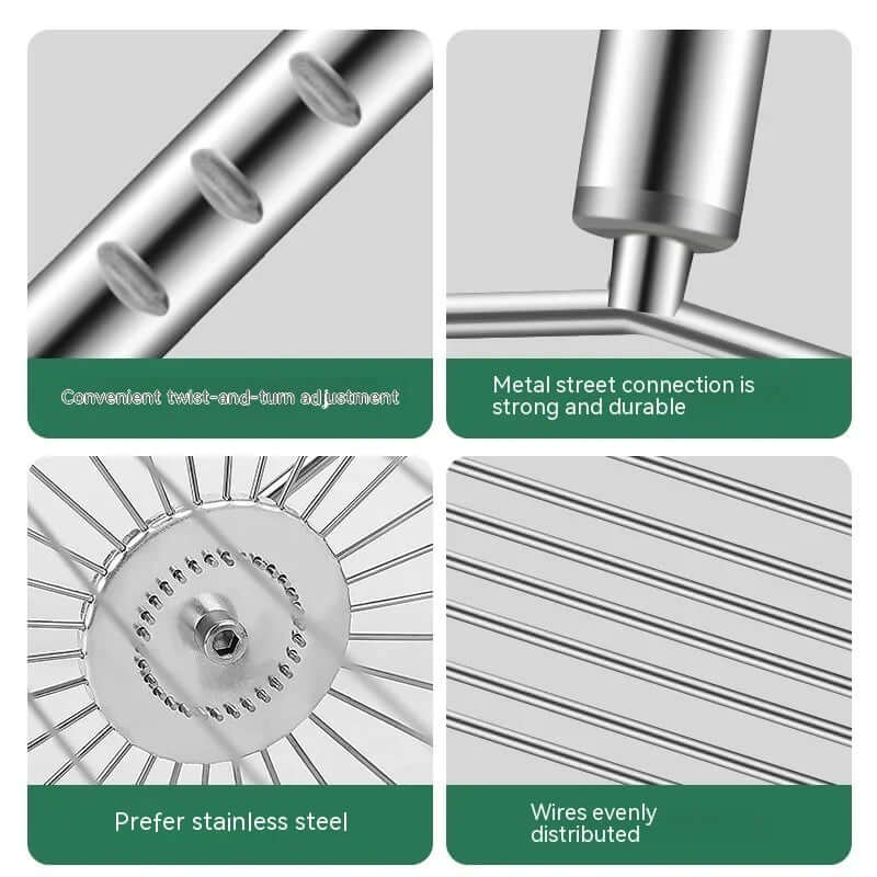 Adjustable tennis ball picker details showing adjustable design, strong connection, stainless steel material, and even wire distribution.