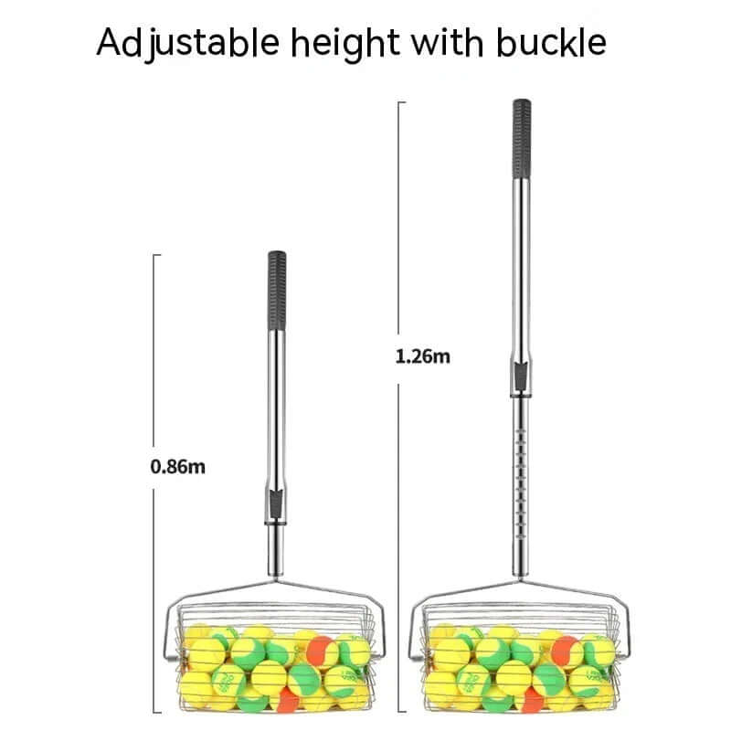 Adjustable tennis ball picker showing adjustable height with buckle and collection of tennis balls.