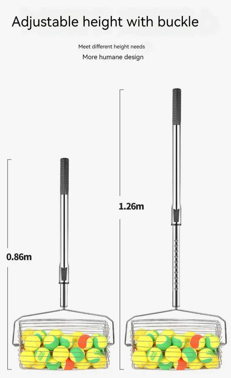 Adjustable tennis ball picker showing height adjustment options for easy use and ball collection.
