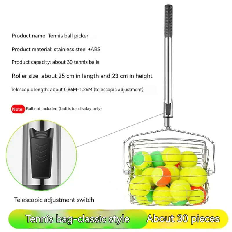 Adjustable tennis ball picker with stainless steel design, holds about 30 tennis balls for easy collection.