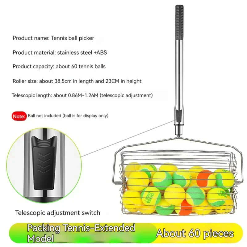 Adjustable tennis ball picker with stainless steel design, capable of holding about 60 tennis balls for easy collection.