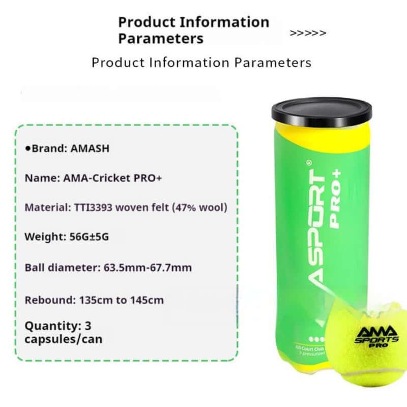 AMA Sports Pro+ tennis balls can with product information on a white background