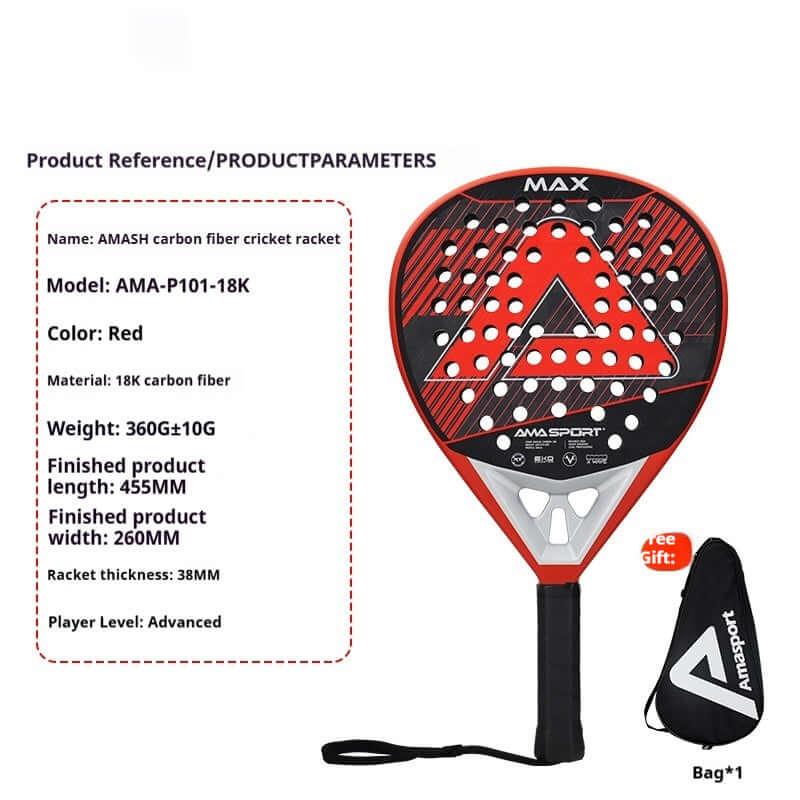 AMA Sports Carbon Fibber Tennis Racket featuring red design and specifications for advanced players.