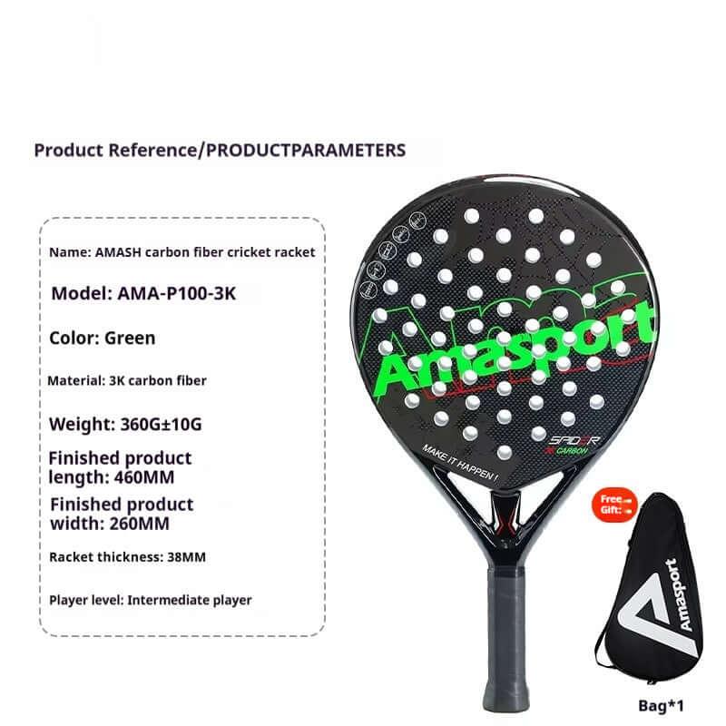 AMA Sports Carbon Fibber Tennis Racket with specifications for intermediate players, featuring a 3K carbon fiber construction.