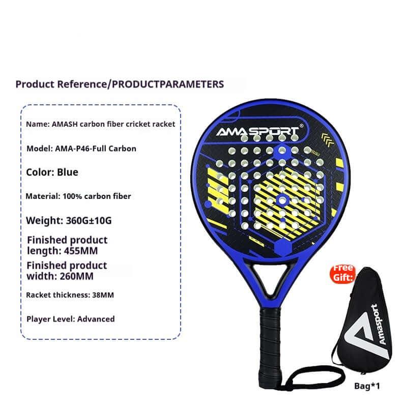 AMA Sports Carbon Fibber Tennis Racket with blue design, carbon fiber construction, and advanced player specifications.