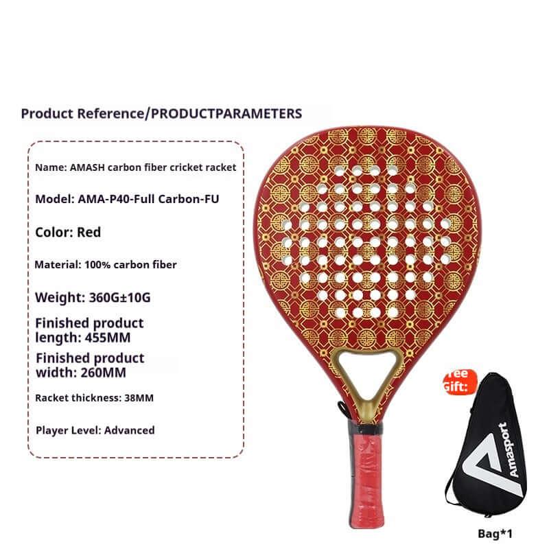 AMA Sports Carbon Fibber Tennis Racket displayed with technical specifications including model, color, and dimensions.
