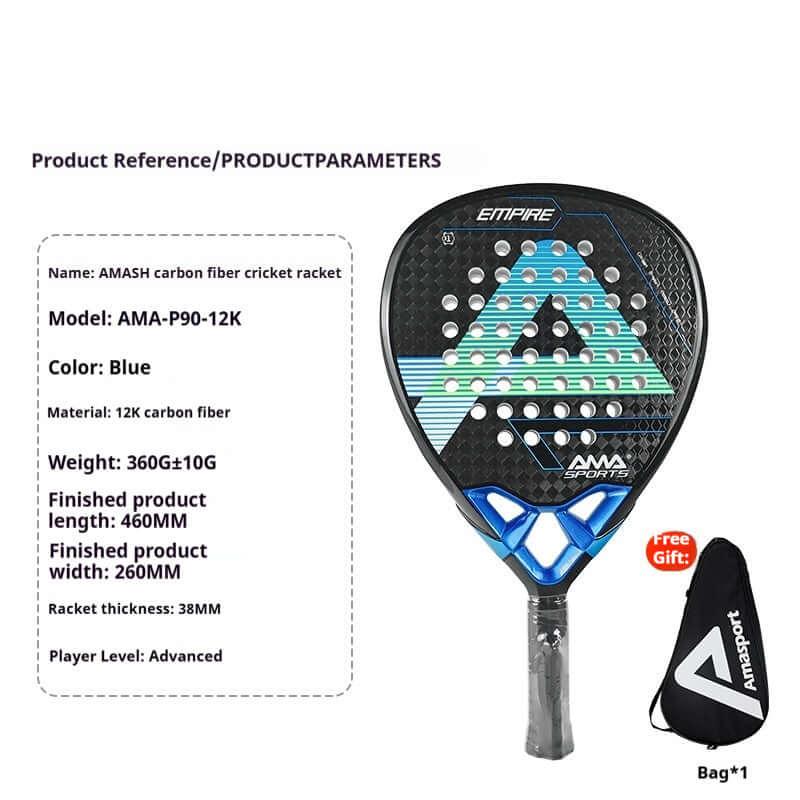 AMA Sports Carbon Fibber Tennis Racket in blue with carbon fiber construction and performance specifications.