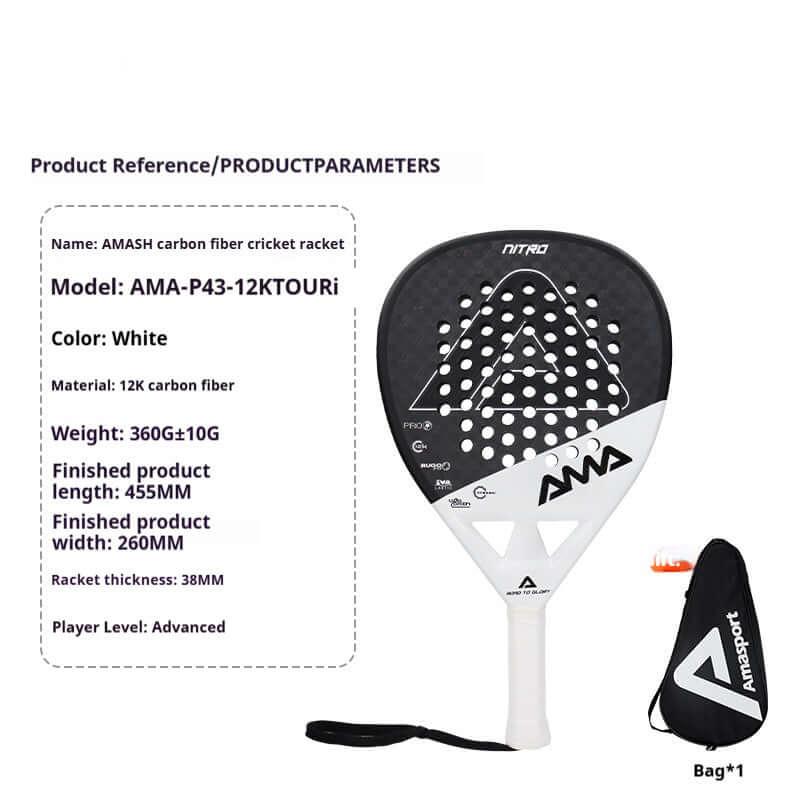 AMA Sports Carbon Fibber Tennis Racket with specs and bag, showcasing power and precision for advanced players.