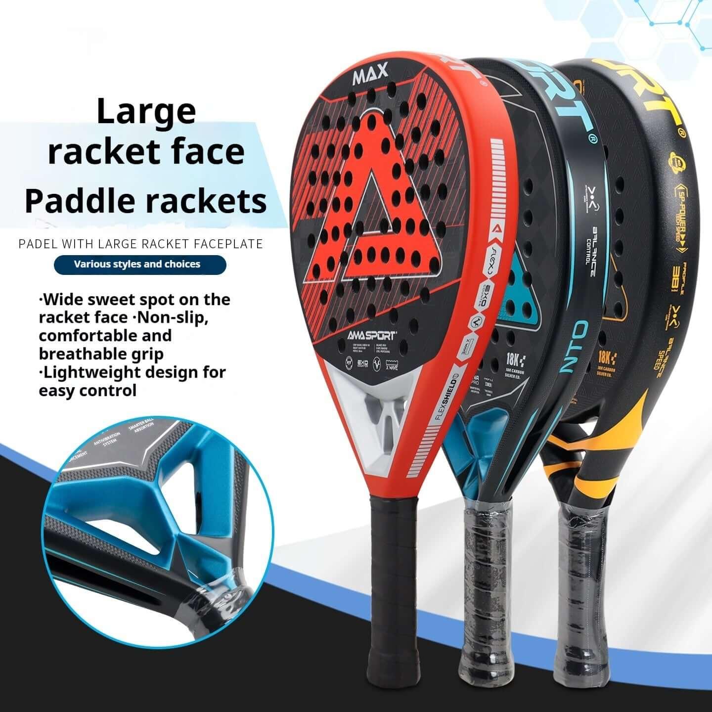 AMA Sports Carbon Fibber Tennis Racket showing large racket face design for power and precision performance.