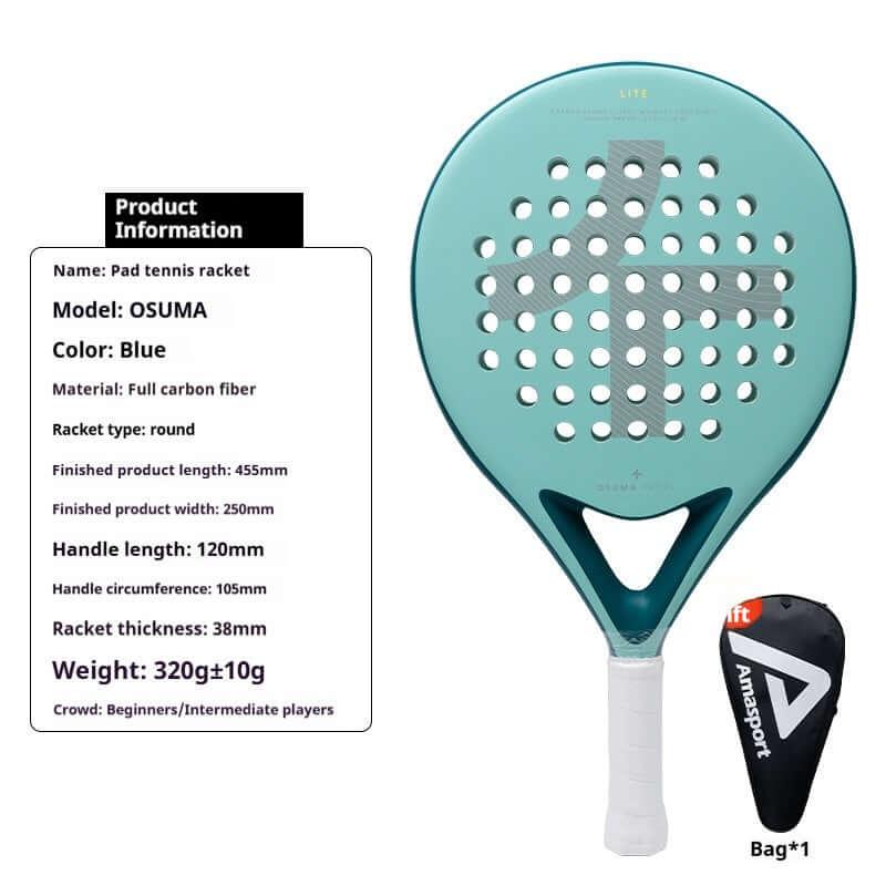 AMA Sports Carbon Fibber Tennis Racket in blue full carbon fiber design with product information and specifications.
