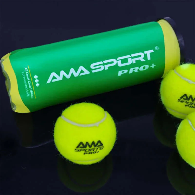 AMA Sports Pro+ tennis ball pack with bright yellow tennis balls for professional training sessions.