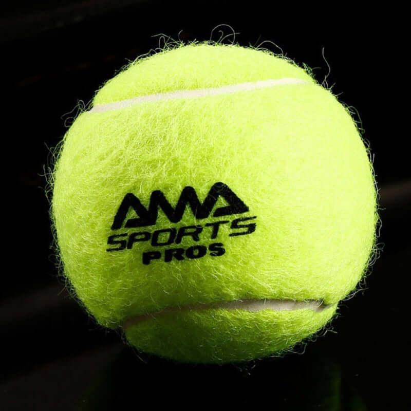 AMA Sports Pro+ tennis ball in bright yellow with black logo, perfect for training and practice sessions.