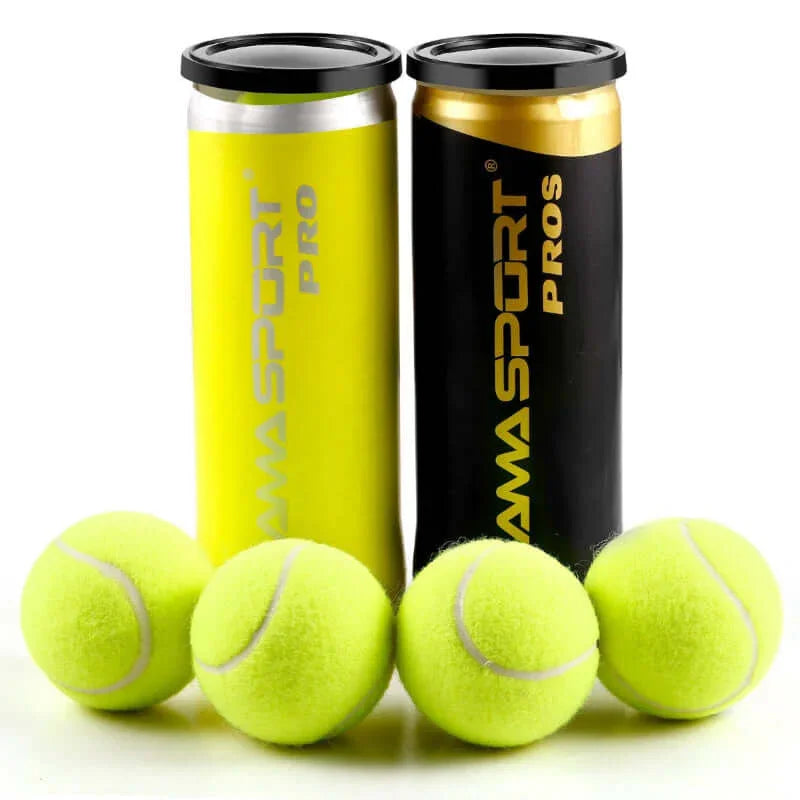 AMA Sports Pro+ tennis balls training balls packaged in yellow and black containers with bright yellow felt exterior.
