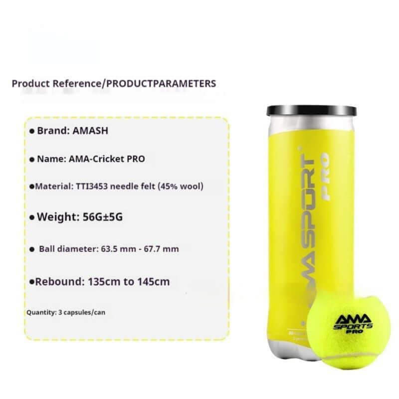 AMA Sports Pro+ tennis ball packaging with specifications and three balls in a canister.