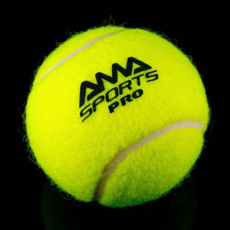 AMA Sports Pro+ tennis ball in vibrant yellow color, showcasing its durable wool felt exterior and professional branding.