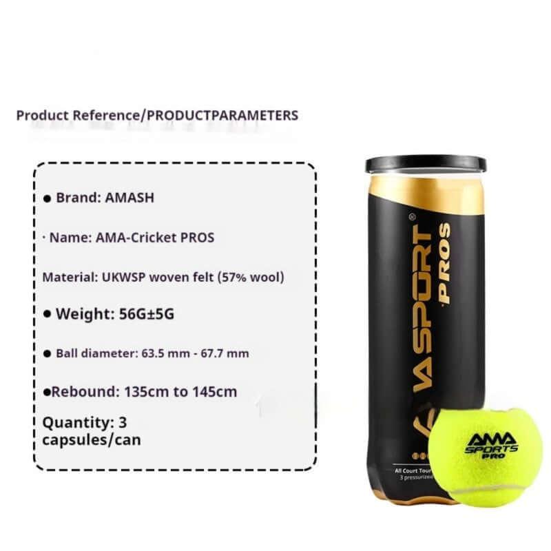 AMA Sports Pro+ tennis ball in a canister showcasing product specifications for ITF certified training.