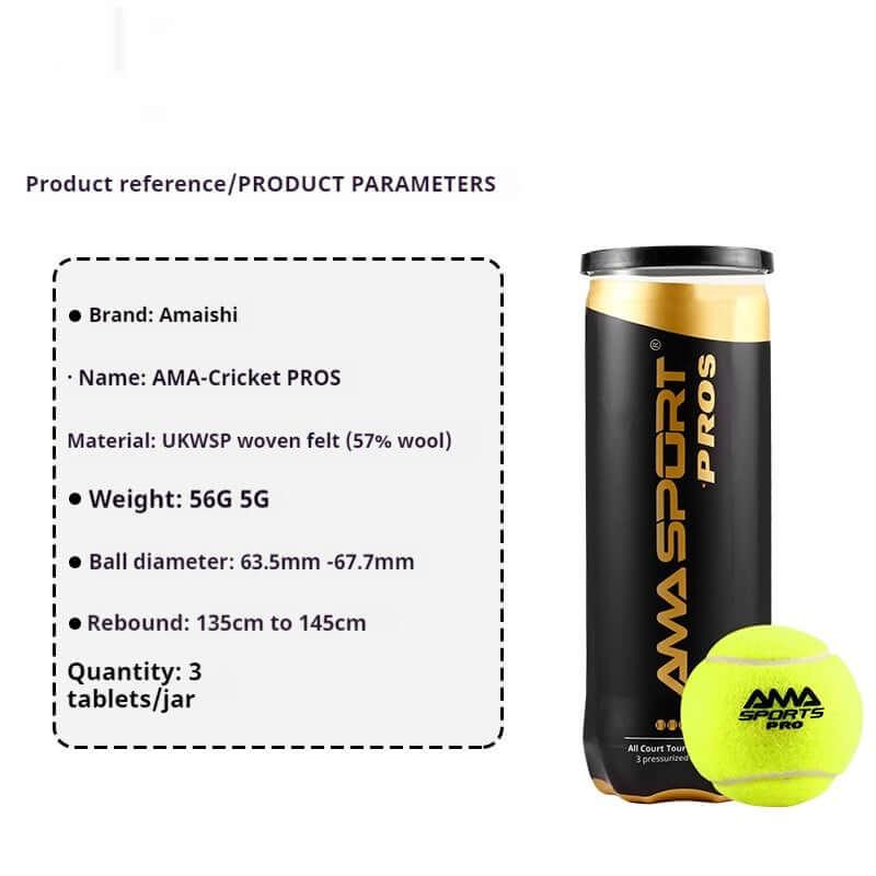 High Elasticity Tennis Training Balls in a canister with parameters and product details displayed.