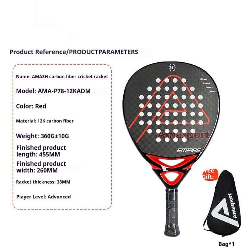 AMA Sports Carbon Fibber Tennis Racket designed for power and precision, showcasing its sleek red design and advanced carbon fiber material.