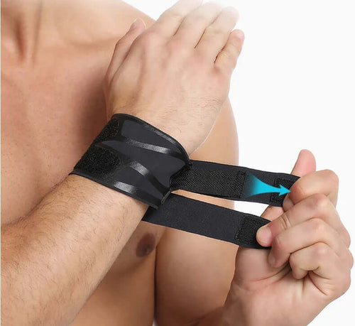 Anti-sprain wrist guard worn on a hand for sports support, featuring adjustable straps for secure fit.