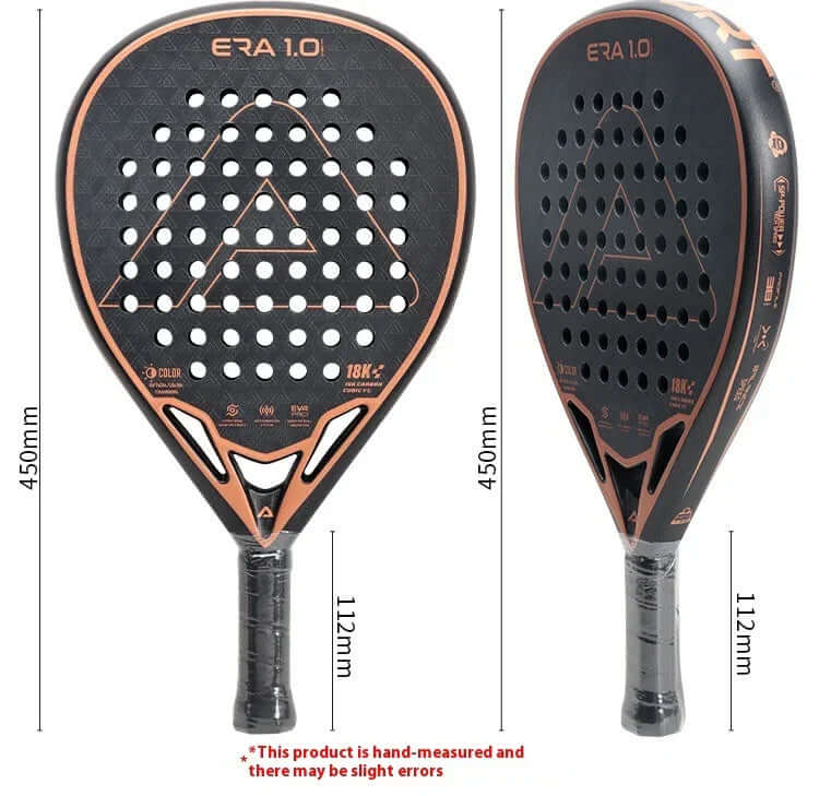Carbon fibber tennis racket ERA 1.0 showcasing the 18K diamond pad design for professionals, highlighting performance and control.