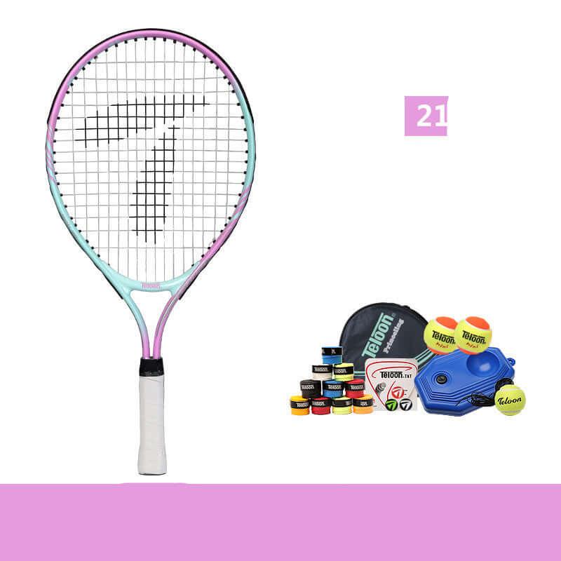 Beginner tennis racket for kids with colorful frame and accessories for learning tennis skills.