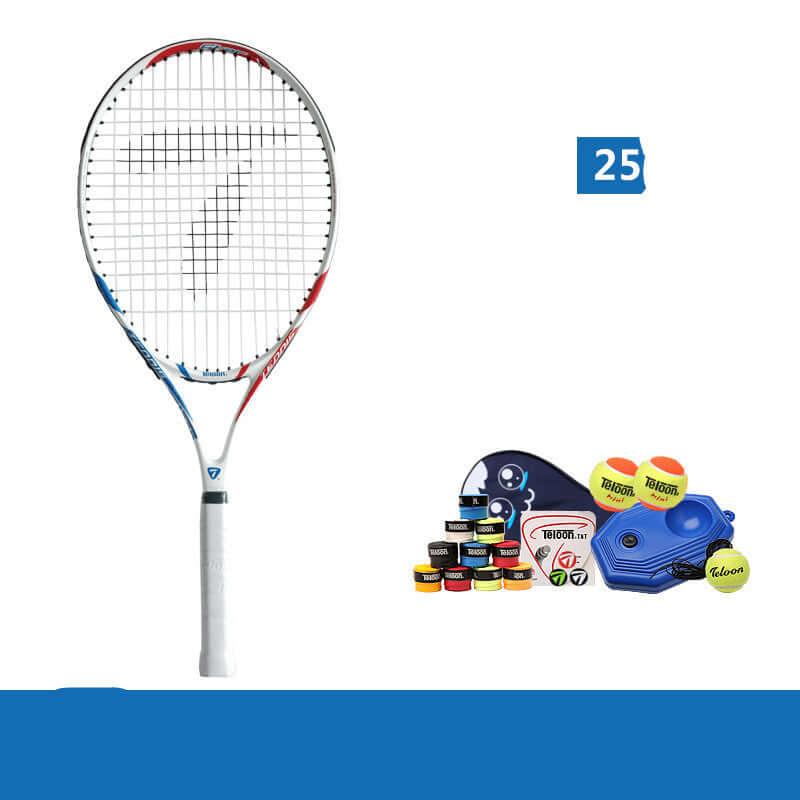 Beginner tennis racket for kids alongside training balls and accessories for developing tennis skills.