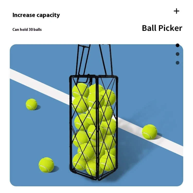 Best tennis ball collector holding up to 30 balls on a tennis court with bright yellow tennis balls.