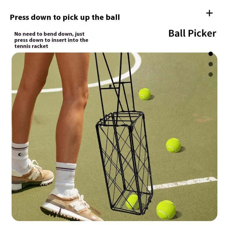 Best tennis ball collector in action on a tennis court with tennis balls and a player using the ball picker.