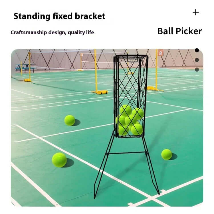 Best tennis ball collector for easy retrieval of balls on the court, featuring a standing fixed bracket and bright green tennis balls.