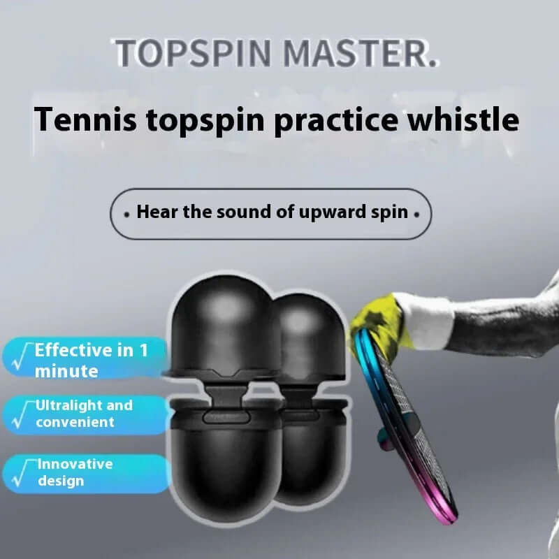 Best topspin tennis training tool displayed with a tennis practice whistle and racket for spin control.
