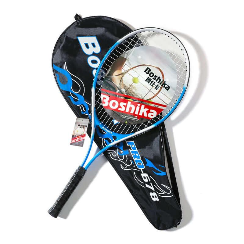 Boshika tennis racket with string set on display, junior racket designed for performance and durability.