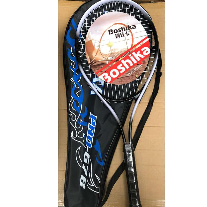 Boshika tennis racket with string in a black cover, ideal for junior players.