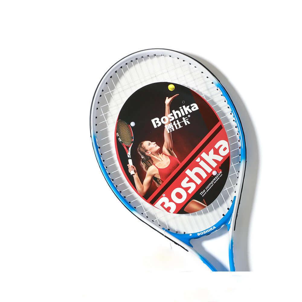 Boshika tennis racket with string for junior players, featuring durable aluminium alloy construction.