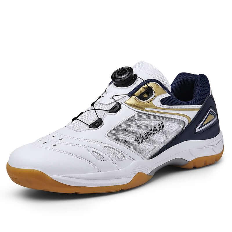 Breathable tennis shoes in white and navy with gold accents, featuring unique design and lightweight comfort.