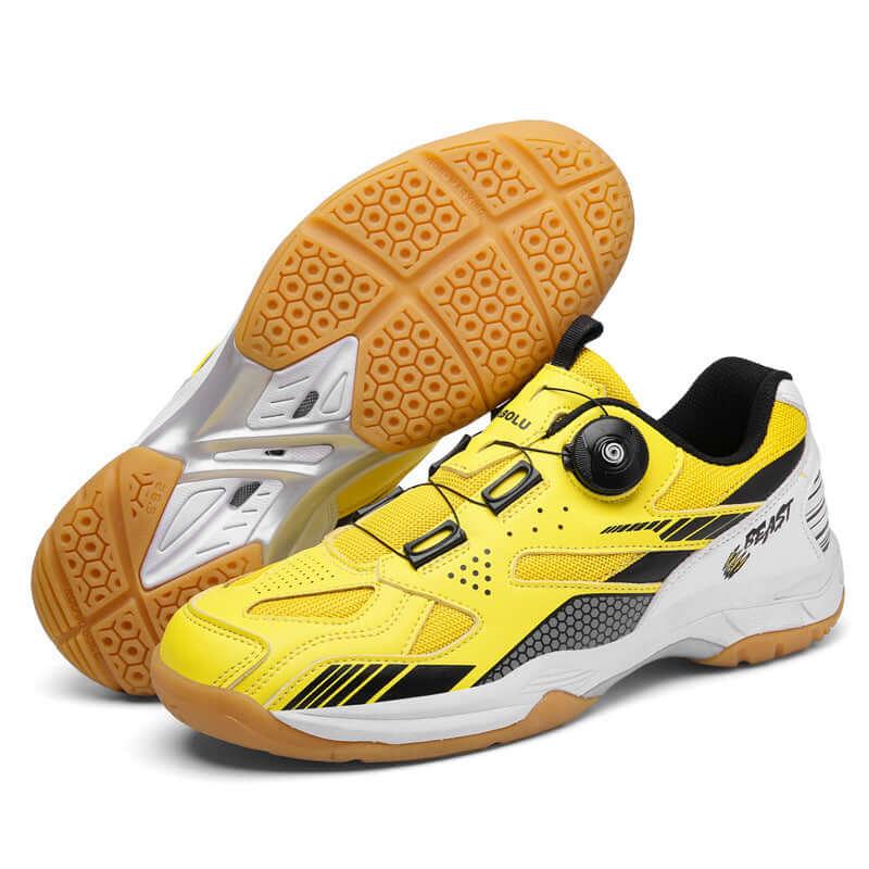 Breathable tennis shoes in vibrant yellow color with advanced grip and stylish design.