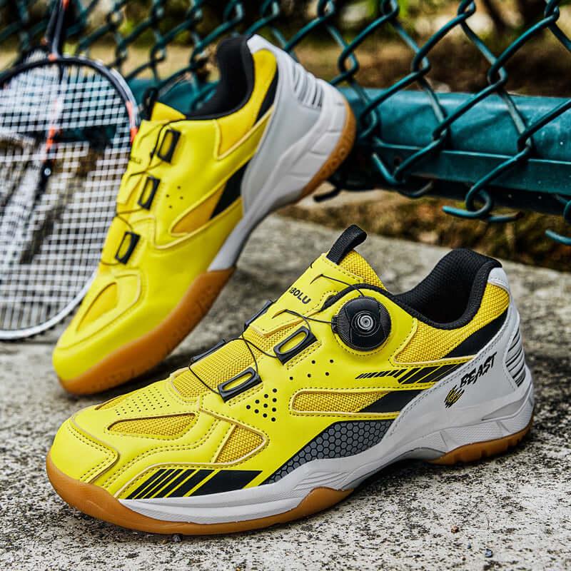 Breathable tennis shoes in bright yellow with unique design, ideal for comfort during performance on court.